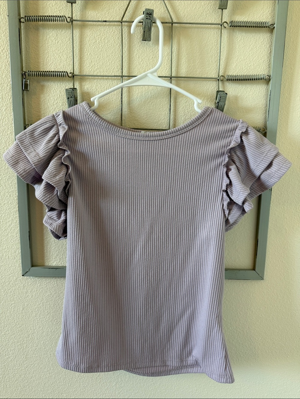iris Lilac Ribbed Short Sleeve Top with Double Ruffle Sleeves